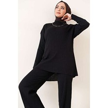 Fitilli Takım Kadın İç Göstermez Tam Kalıp Uzun Kol Siyah Oversize Tasarım Tüm Sezonlar İçin