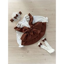 Kız Çocuk ve Bebek Kahve Askılı Kat Kat Etek Salopet Jile Gömlek Bandana Çorap Takım Kombin