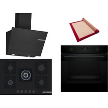 Bosch Siyah 3 Lü Ankastre Set 364 ( HUA736EA0T - PNQ7B6P30O - DWK67PJ60T  ) 75CM Wok Bek Ocak - Buhar Destekli - Pişirme Matı ile