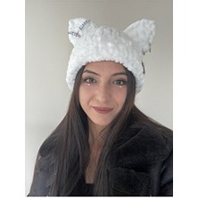 Kedi Kulaklı Puffy Bere Gri El Örgüsü Kışlık Bere Şapka Hello Kitty