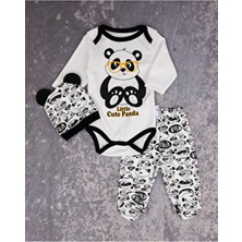 Minibird Baby Unisex Bebek Panda Body Basklı Zıbın Seti %100 Pamuk 3-9 Ay Uzun Kol Bisiklet Yaka Sarı Desenli