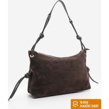 Marjin Kadın Hakiki Deri Iç Cepli Fermuarlı El ve Omuz Çantası Teroze Kahve Süet