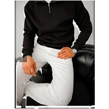 New Cabin Yarım Fermuarlı Dik Yaka Sweatshirt Unisex Kışlık Polarlı Uzun Kollu Siyah Renkli Rahat Fit