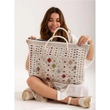 Kadın Örgü Halatlı Kumaş Seyahat Kilim Orta Boy Plaj Piknik Kamp Otantik Çantası