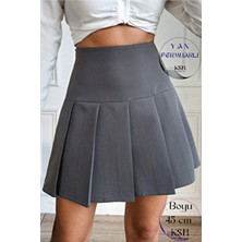 KaSheHa Kadınlar İçin Kalın Pileli Gri Mini Etek 45 cm Dokuma Kumaş A-Line Bel Kesimi Trend Parça