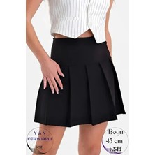 KaSheHa Siyah Kalın Pileli Dokuma Kumaş Mini Etek 45 cm A-Line Bel Kesimi ile Şık Tasarım