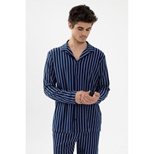 Erkek Mavi Çizgili Pamuklu Kombinli Gömlek Yaka Pijama Takımı
