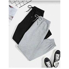 Ikili Jogger Eşofman Altı-Siyah ve Gri Lastik Paça Yüksek Bel Kışlık Eşofman(2 Iplik)