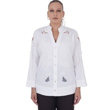 Kadın Büyük Beden Delikli Nakışlı Pul Işleme Motifli Gömlek