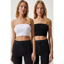 Kadın Siyah Beyaz Straplez Fitilli Örme 2'li Paket Büstiyer UB00232