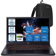 Acer Nitro V 15 ANV15-52 Intel Core I7 13620H 8gb 1tb SSD Nvıdıa Geforce RTX5060 8gb 75W Freedos 15.6" FHD(1920 x 1080) IPS 165HZ Taşınabilir Bilgisayar NHQZ8EY002F03 + Zetta Çanta