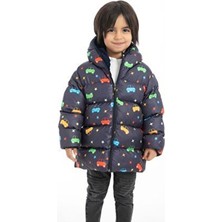 Erkek Çocuk Kapüşonlu Kışlık Şişme Mont & Kaban Araba Yıldız Ay Desenli Rüzgar Geçirmez