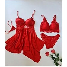 Passion Red Satin 4 Lü Gecelik Seti 6602