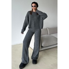 Bisiklet Yaka Saç Örgü Triko Takım Antrasit 9369-TK