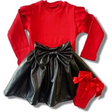 Özge Başaran Kız Bebek Çocuk Deri Etek Fırfırlı Omuzlu Kırmızı Badi Fiyonklu Çorap Seti Trend Stil