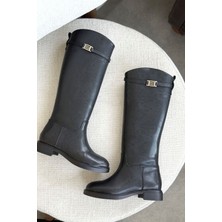 Kadın Nantes Düz Tabanlı Tokalı Çizme - Siyah-Deri