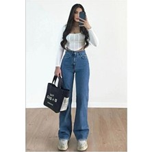 Kot Modası Christian 90's Orta Mavi Palazzo Salaş Paça Kadın Süper Yüksek Bel Denim Pantolon Oversize Kesim
