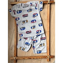 Bebtaş Kadın Yazlık Şortlu Takım Gri Düz Desenli Slim Kalıp Kısa Kollu Dokuma