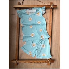 Bebtaş Papatyalı Yazlık Takım Kadın Slim Kalıp Mavi Dokuma Kumaş Kısa Kollu Sezonluk Rahat Giyim