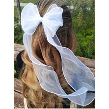 Kadın Uzun Tül Beyaz Fiyonk Toka Misinalı Kıvrık Kurdeleli Toka Klipsli