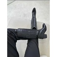 Ptn Duppy Kadın Western Kovboy Nakışlı Tam Kalıp Rahat Çizme- Siyah