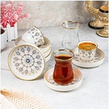 Çay Bardağı Seti Mırra Kahve Takımı Yaldızlı Damla Desenli 6 Kişilik  18 Parça