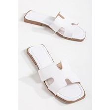 Miss Zülüf Kadın Plaj Terlik Düz Beyaz Suni Deri Günlük Kullanım İçin Tasarlanmış