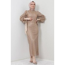 Giza Giyim Gold Renkli İnci Tesettür Abiye Uzun Kol Dik Yaka Düz Desenli Polyester Malzeme