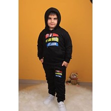 Gri Kapşonlu Çocuk  Baskılı Eşofman Takımı