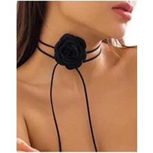 Kadın Siyah Saten Gül Choker Kolye