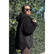Peluşlu Siyah Bol Kesim Mont