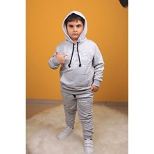 Gri Kapşonlu Çocuk  Baskılı Eşofman Takımı Unisex