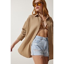 Kadın Bej Cepli Oversize Müslin Gömlek MX00150