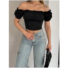 Qutta Kadın Siyah Crop Bluz Büzgülü Madonna Yaka Dalgıç Kumaş Straplez Kısa Kol L Beden