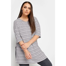 Büyük Beden Bisiklet Yaka Yarım Kollu Yırtmaç Detaylı Çizgili T-Shirt 302946