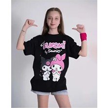 Kuromi Baskılı Bisiklet Yaka Kız Tişört - Siyah