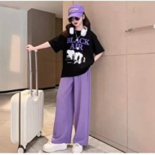 Özel Tasarım Black Air Baskılı Kısa Kollu Yazlık Ispanyol Paça Kız Çocuk Eşofman Takımı