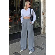 Swist Gri Çift Düğmeli Pileli Kadın Palazzo Viskon Pantolon Hafif ve Nefes Alabilir Yazlık Model