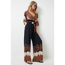 Kadın Siyah Kahverengi Desenli Rahat Viskon Takım CR00438