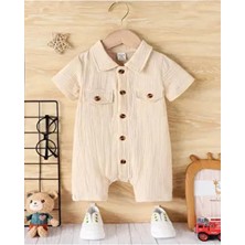 Unisex Bebek&çocuk %100 Pamuklu Tahta Düğmeli Cepli Müslin Tulum-Ekru