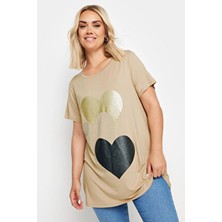 Büyük Beden Bisiklet Yaka Kısa Kollu Parıltılı Baskılı T-Shirt 302277
