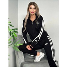 Kadın Ikili Eşofman Takımı Fermuarlı Alt Üst Eşofman Takımı Nakışlı 2 Iplik Likra