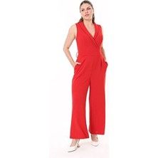 Kadın Büyük Beden Kırmızı Anvelop Yakalı Geniş Paçalı Tulum 65N37734