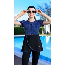Kadın Kısa Kollu Yarı Kapalı Tesettür Mayo Taytlı Boneli Takım Short Arm Swimsuit