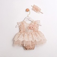 Cumino Kız Bebek Romper Dantelli Saç Aksesuarlı Özel Olaylar İçin Şık Tasarım