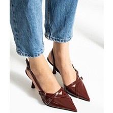 Harmin Shoes Çift Bantlı Toka Detaylı Bordo Rugan Kadın Topuklu Ayakkabı Nope