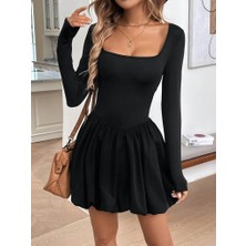Arben Boutique Kadın Uzun Kollu Kare Yaka Mini Balon Modal Elbise