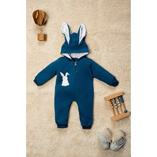 Ponponlu Tavşan Nakışlı Fermuarlı Kulaklı Bebek Tulumu