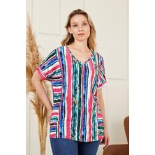 Çizgili Büyük Beden Fuşya Bluz