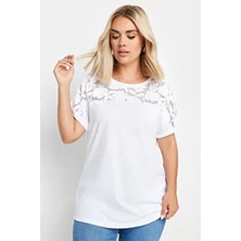 Stil Diva Büyük Beden Kadın Tül Detaylı Kısa Kollu Bisiklet Yaka Mor T-Shirt
